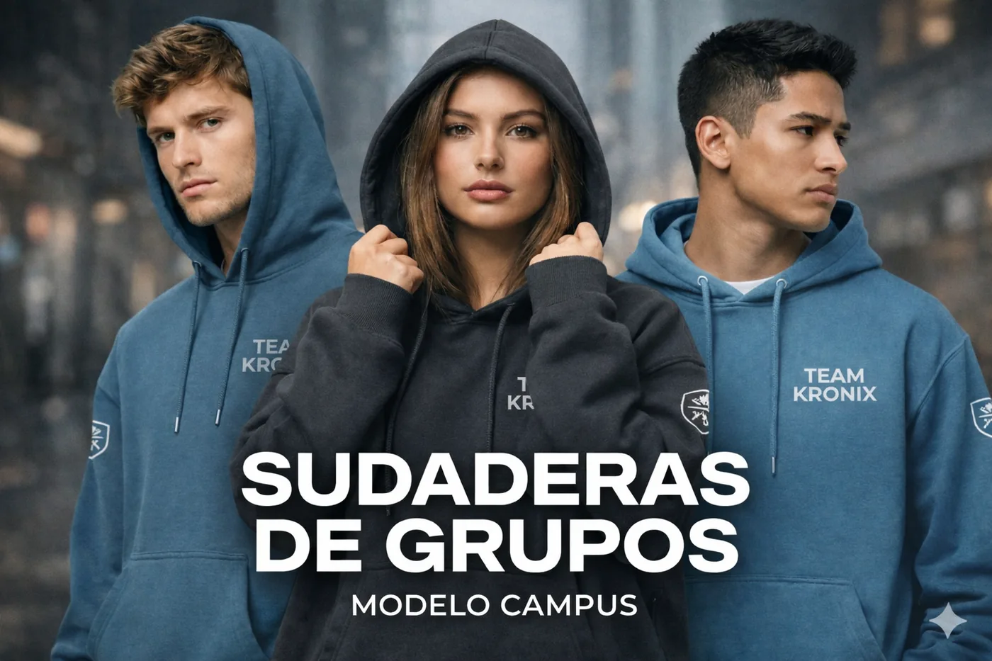 Tres jóvenes con sudaderas personalizadas modelo Campus