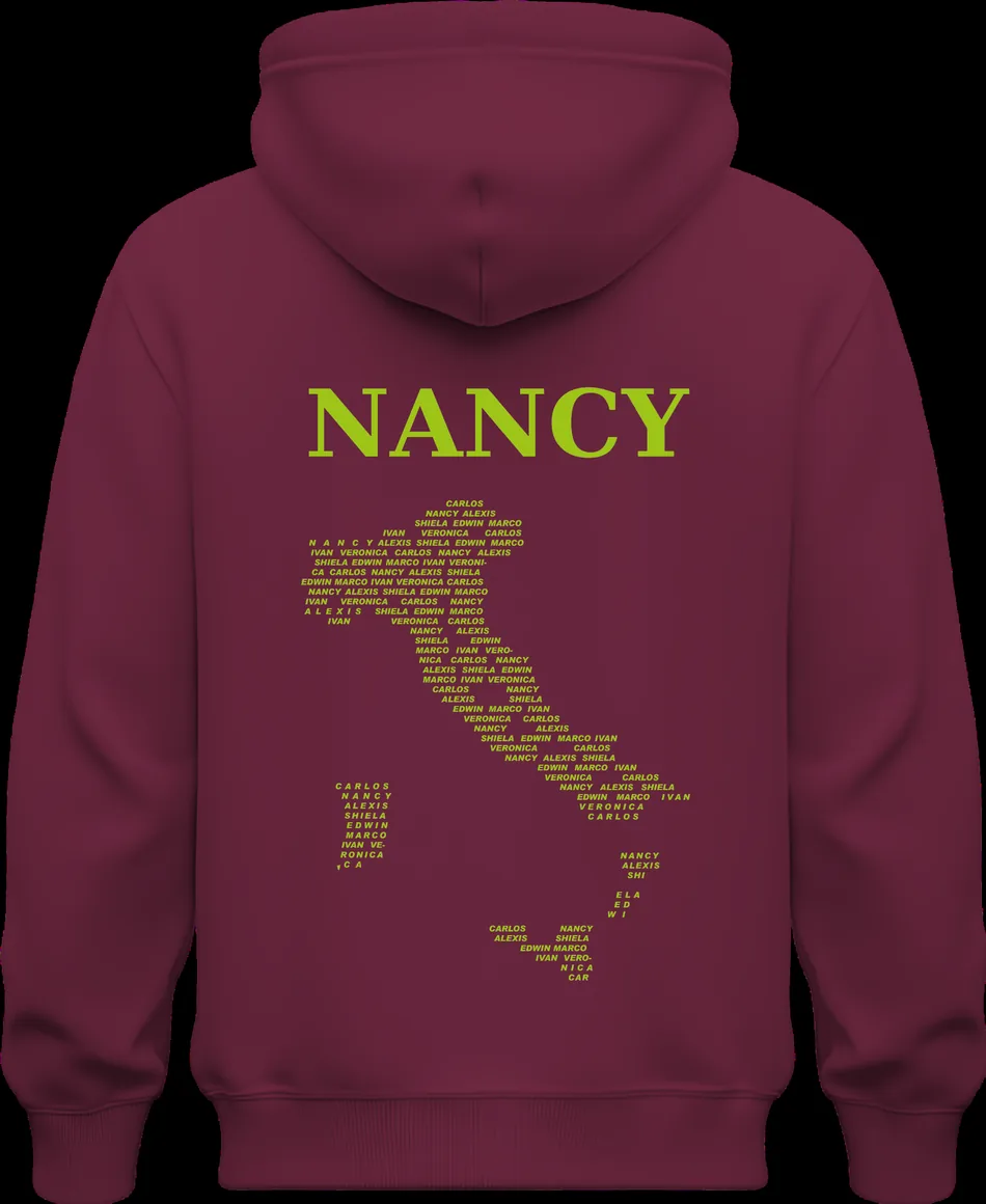 Sudadera burdeos personalizada con nombre y número formado por nombres
