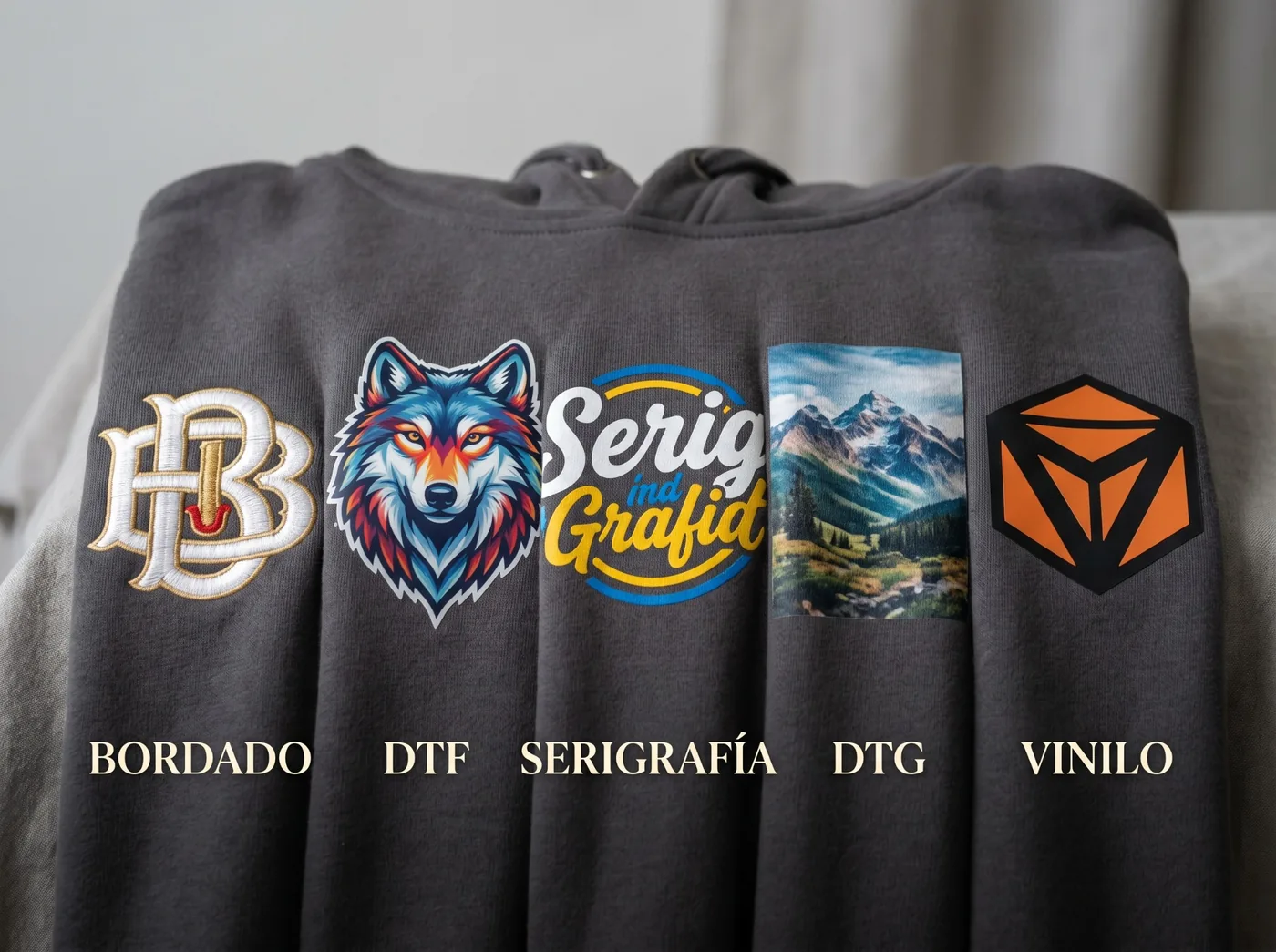 Comparación visual de bordado, DTF, serigrafía, DTG y vinilo en sudaderas